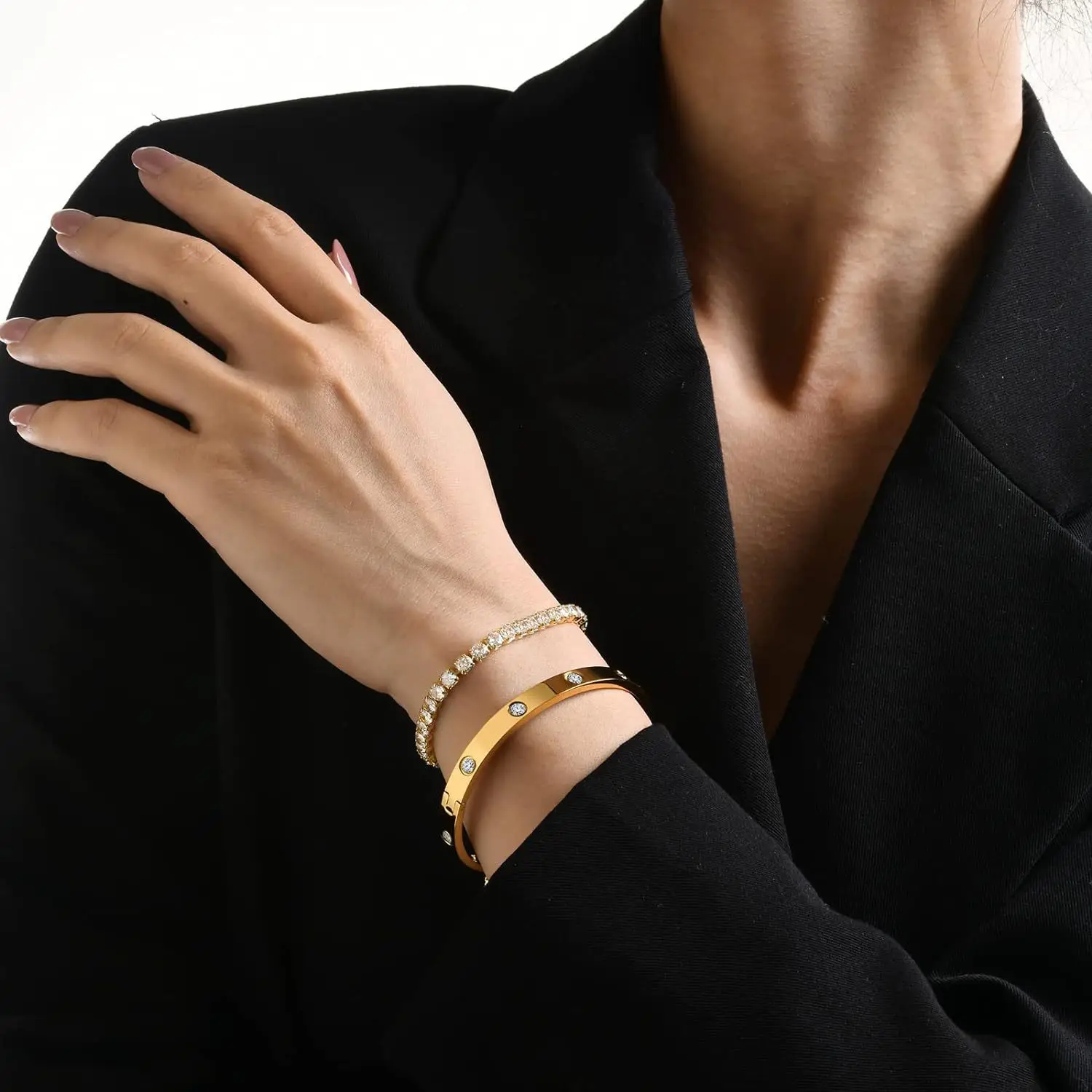 Elegant Stainless Steel Zircon-Embellished Bracelets - Non-Fading Luxury Women's Fashion Jewelry