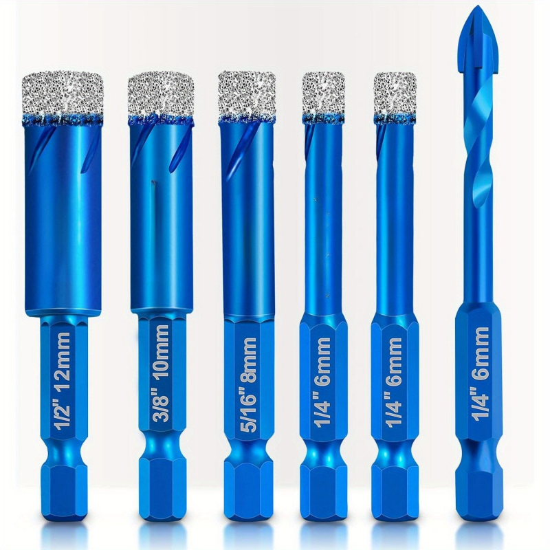 6 pcs Set Dia 6/8MM Dry Drill Core Bit Spiral Groove  Hex Shank Brazed Drill Bit Hole Saw Ceramic Tile Granite Marble Hole