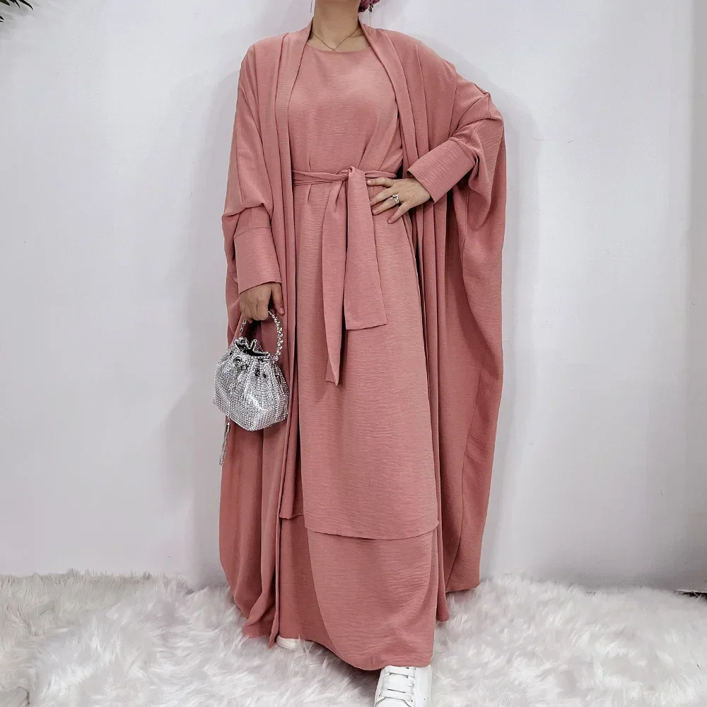 Two Piece Abaya Kimono Set Matching Muslim Abayas for Women Dubai Turkey Short Sleeve Inner Hijab Dress African Islamic Clothing