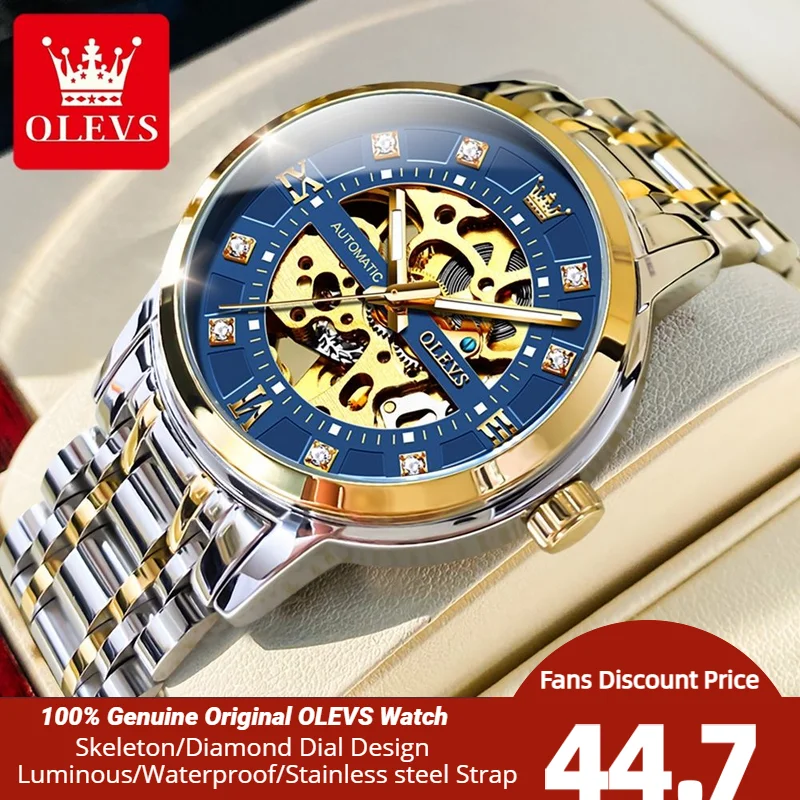 

OLEVS 9901 Automatic Men's Watches Business Skeleton Luxury Diamond Dial Gold Wristwatch Mechanical Watch for Man Original New