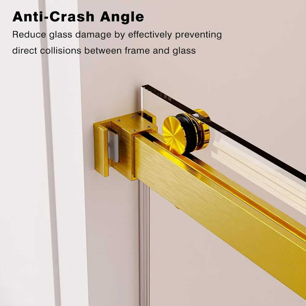 Frameless Double Sliding Shower Door 68-72" W x 76" H, 3/8" (10mm) Clear SGCC Tempered Glass, Brushed Gold Shower Door 5