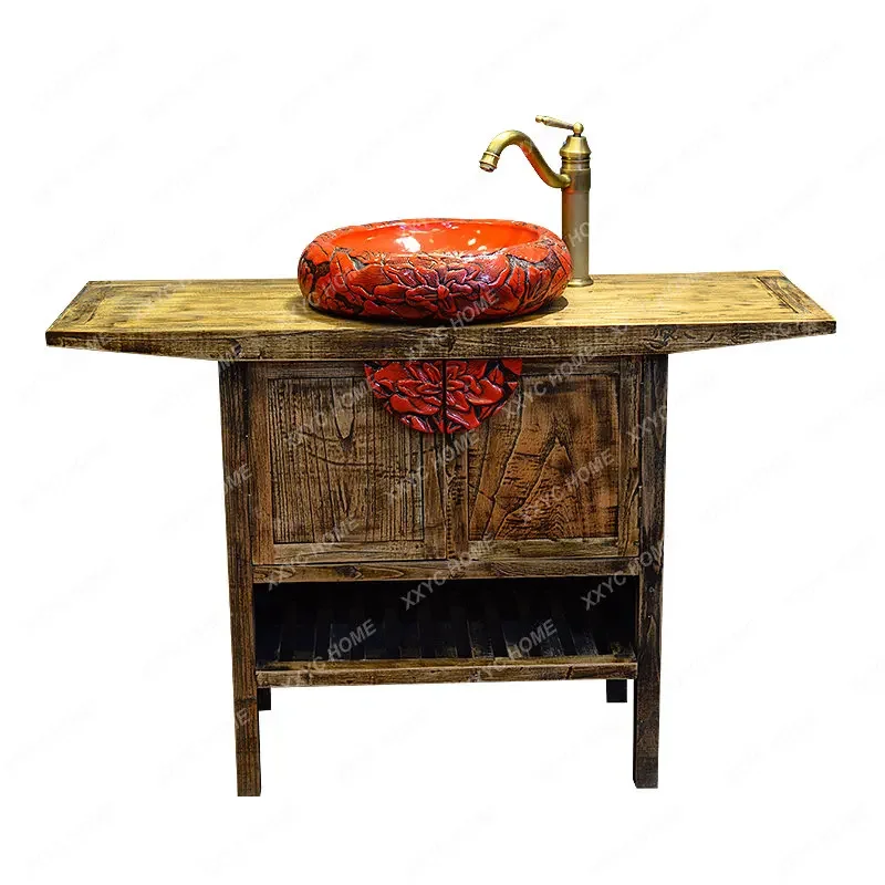 

Vintage Solid Wood Bathroom Cabinet Combination Bathroom Cabinet Table Basin Bathroom Accessories Wash Basin