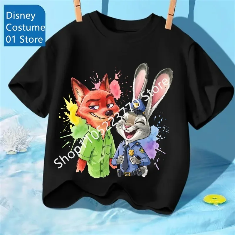 Zootopia 닉과 주디 여름 프린트가 있는 어린이용 반팔 티셔츠, 야외 스포츠용 루즈핏 티셔츠