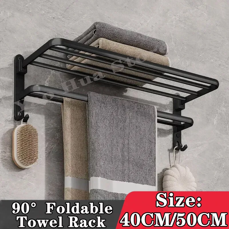 40CM 50CM Matte Black Folding Holder With Hook Towel Holder Wall Mount AluminumTowel Rack Double layer Bathroom Accessories towel rack towel holder bathroom hardware set