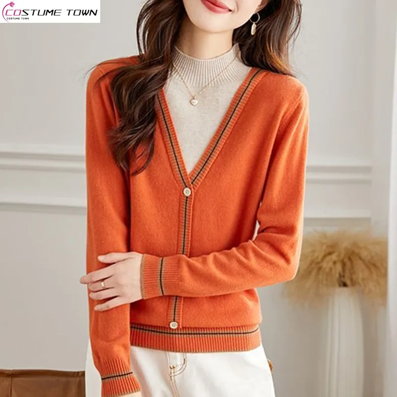 

High Quality Fake Two-piece Contrasting Half High Neck Sweater 2023 Autumn/winter Versatile and Elegant Knit Sweater