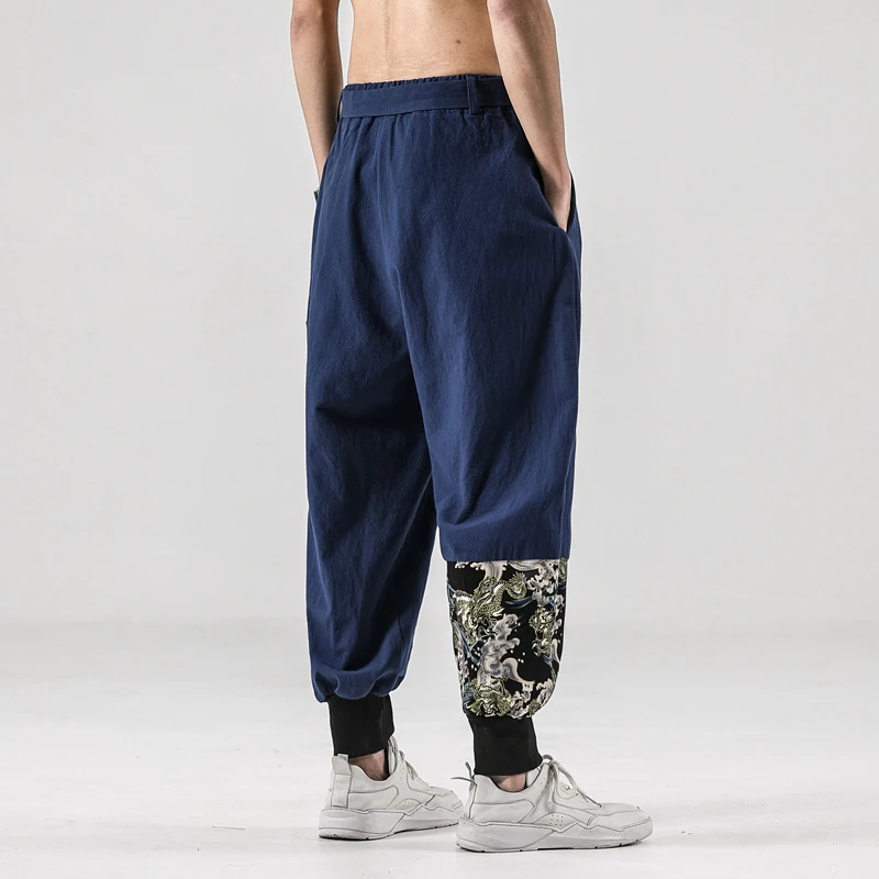 Men Linen Harem Pants Cotton Trousers Print Cross Crotch Vintage Chinese Style