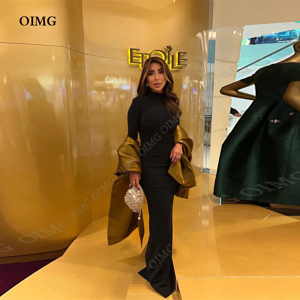 OIMG Black Satin High Neck Long Evening Dress Formal Full Sleeves Long Prom Dress For Women Saudi Arabia Vestido Prom Gowns