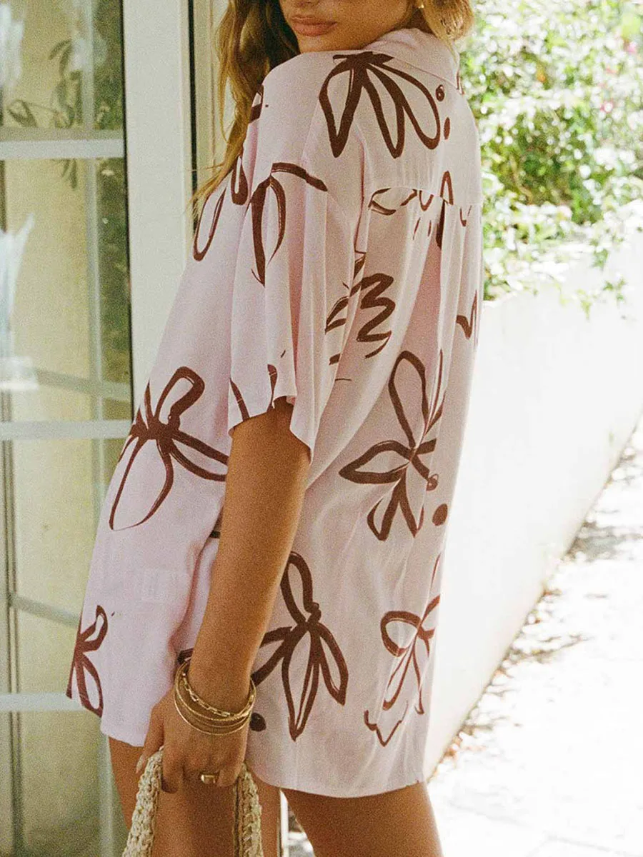 Women s 2 Piece Summer Outfits Short Sleeve V-Neck Button Down Crop Top and High Waisted Shorts Set with Floral Print