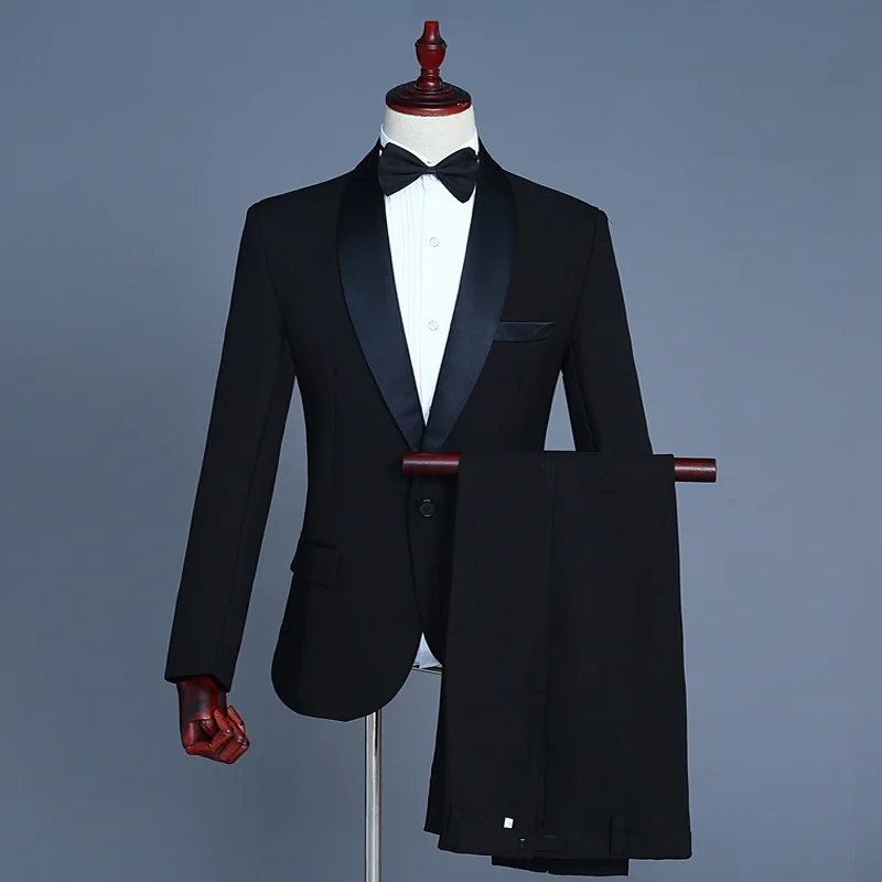 

Male Choir Performance Attire Black White Suit Coat Pants Bow Tie Set Singer Hosting Stage Dress Classic Men's Suit trajes de