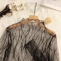 Sexy Black White Line Lace See-through T Shirts Women Transparent Mesh Bottoming Shirts Tops Tunic Long Sleeve Turtleneck Blouse 3