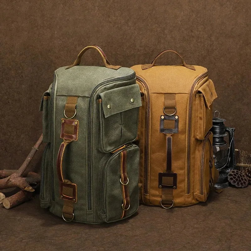 Vintage Leather Man16 inch Laptop Backpack Waxed Canvas Shoulder Rucksack Carry-On Travel Backpack for Men Women 5