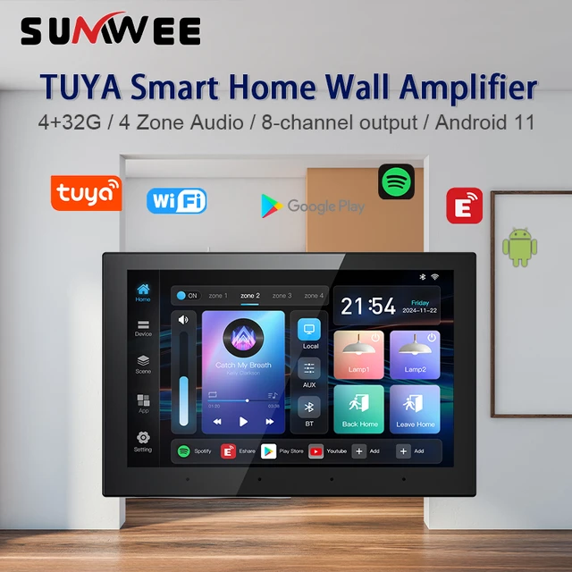 Smart 4zone Audio System Home Theater Sound Amplifier Wall Android11 WIFI Bluetooth music player TUYA touth screen control panel 1