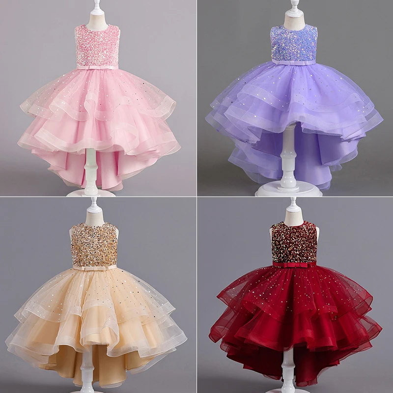 

2024 New Girls Dress Summer Sleeveless Fashion Sequined Puffy Princess Dress Runway Performance Clothes Girls Trailing Dresses