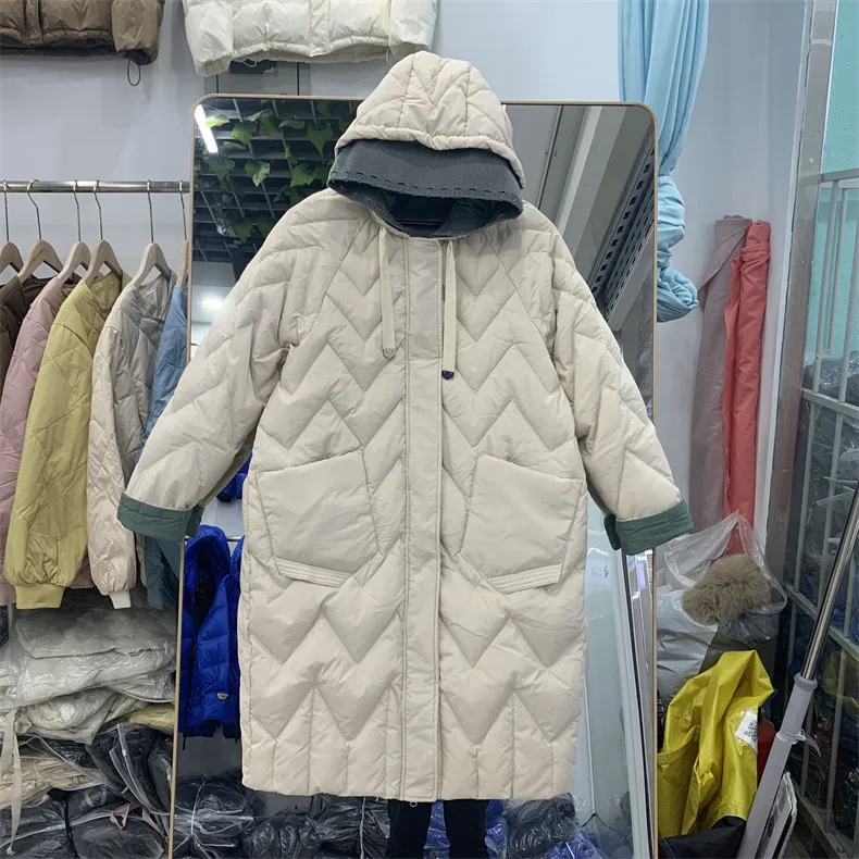 Autumn Winter Warm Knitted Patchwork Hooded Coat Women Thicken White Duck Down Jacket Parka Female Bigsize Long Puffer Outwears