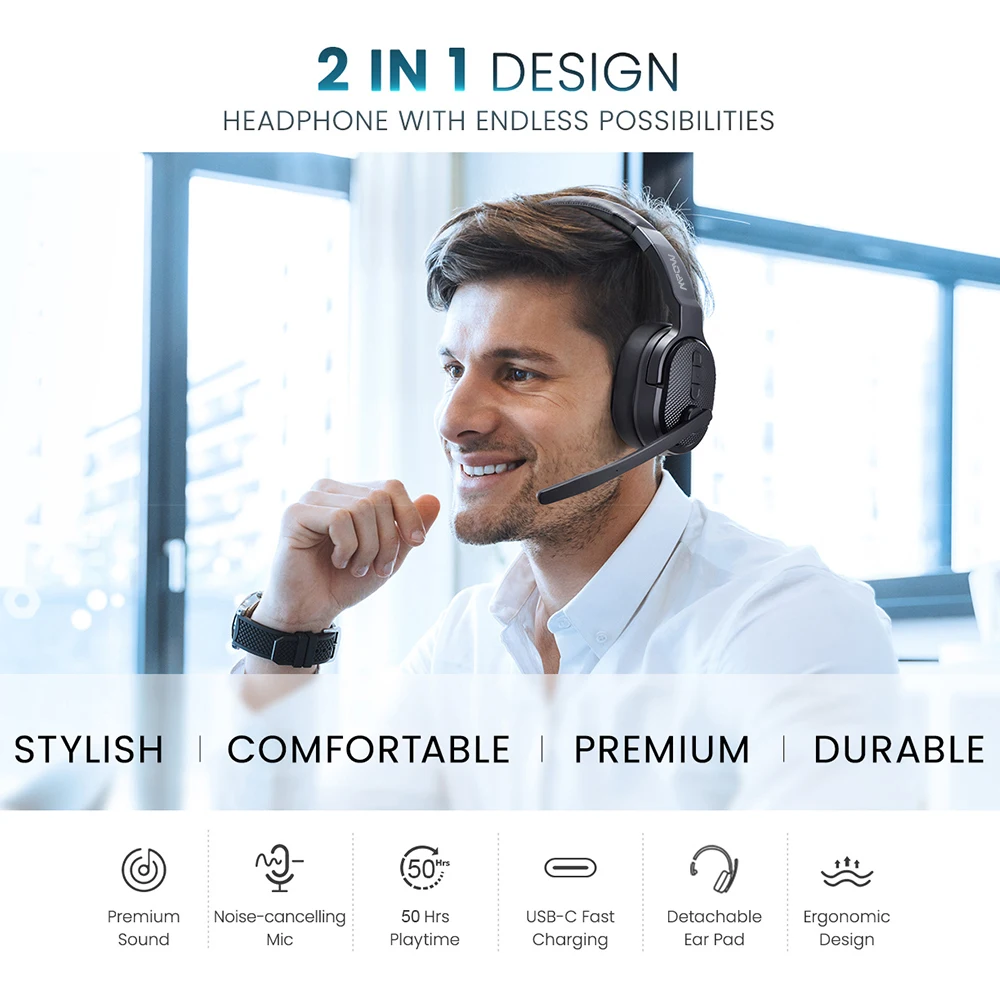 Mpow E65 2 in 1 Wireless Headphones Bluetooth 5.3 Dual/Single Office Headset with Microphone&Mute Switch 35H for Trucker Driver 2