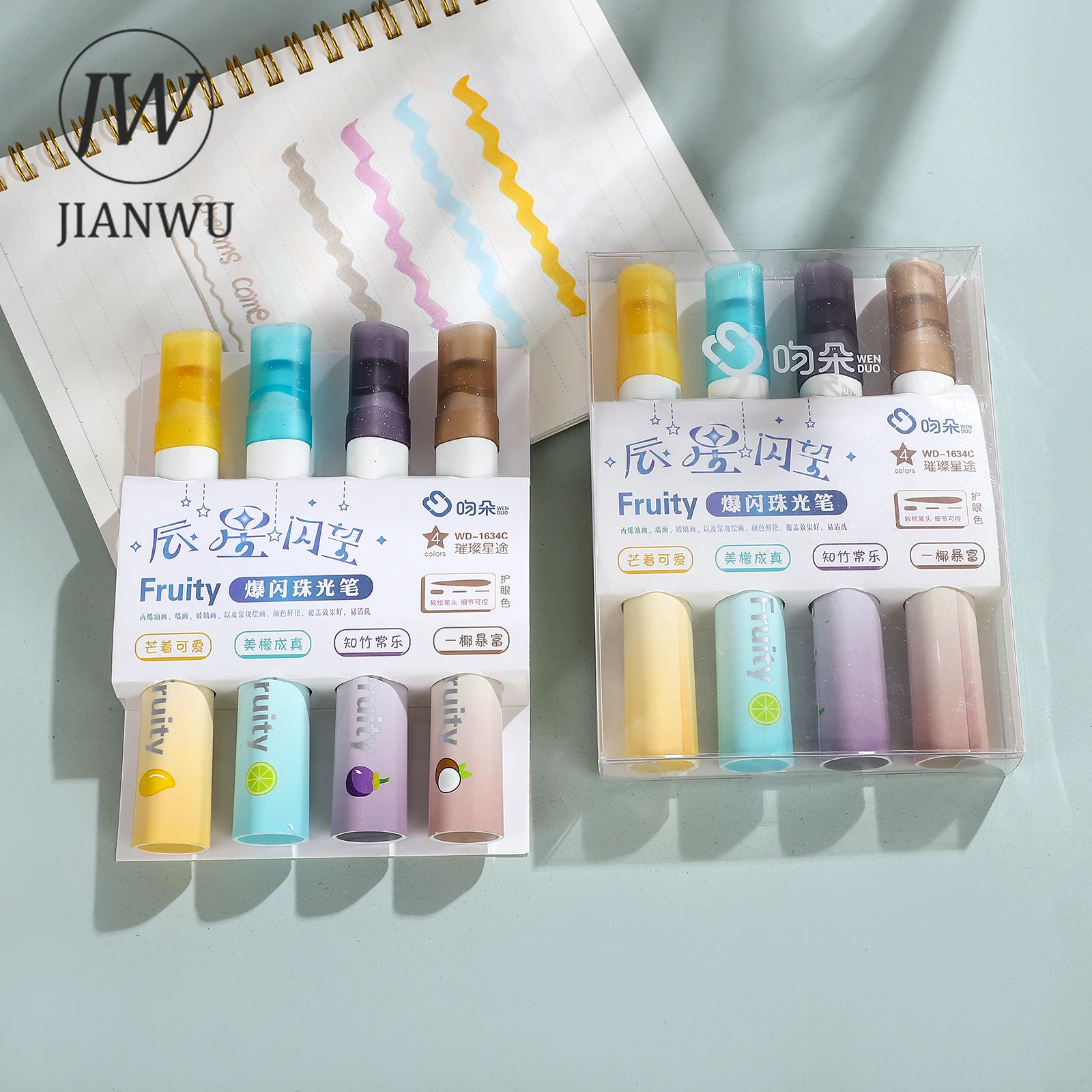 JIANWU 대용량 경사 헤드 하이라이터, 부드러운 쓰기 마커 펜, 크리에이티브 DIY 학생 용품 문구, 세트당 4 개