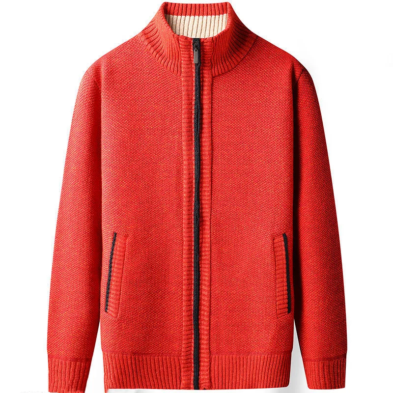 2023 Autumn Winter New Solid Color Fashion V-neck Cardigan Man High Street Casual Zipper Pockets Plus Velvet Warm All-match Coat