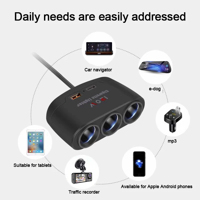 3 in 1 Dual USB Socket 120W Car Cigarette Lighter Splitter 12V 24V Fast Charger Plug Phone Power Adapter for Car Dvr g