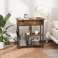 End Table with Charging Station, Flip Top Narrow Side Table Nightstand with Outlets USB Ports and Storage, Bedside Table 2