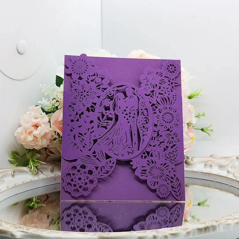 50pcs Wedding Invitations Card Bride & Groom Flowers Pocket Invitation Greeting Card Wedding Mariage Party Supplies Decorations