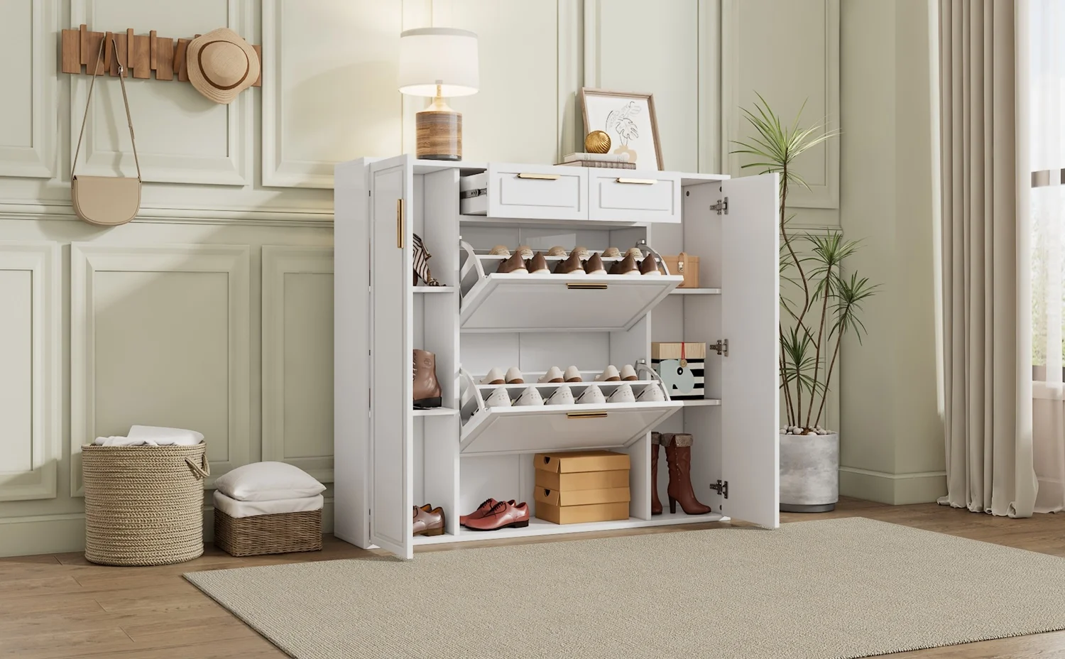 Modern Shoe Cabinet, With Adjustable Shelves, Gold Handles, 2 Drawers, Folding Shoe Cabinet And 2 Doors, White, B120/D24/H107 CM – Detail 2