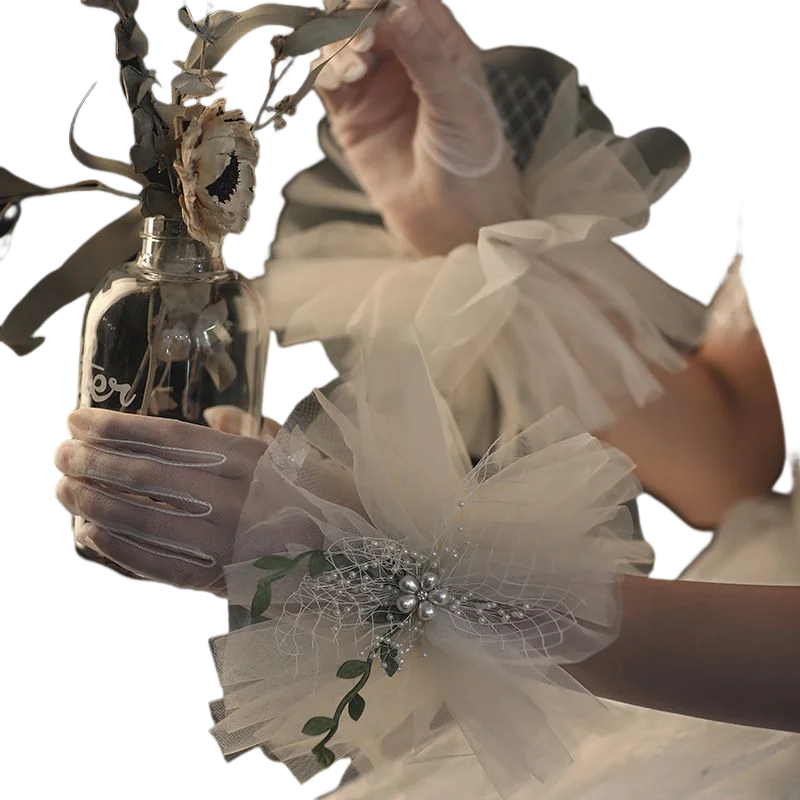 

Lady Tulle Full Finger Pearls Elegant Short Transparent Summer Gloves for Wedding Halloween Cosplay Party