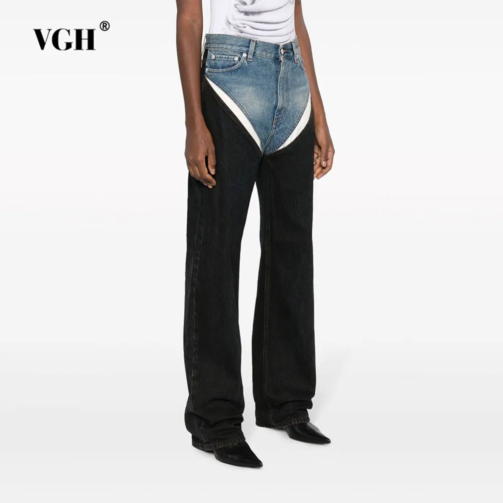 

VGH Hit Color Patchwork Pockets Denim Trousers For Women High Waist Spliced Zipper Minimalist Loose Wide Leg Pants Female New