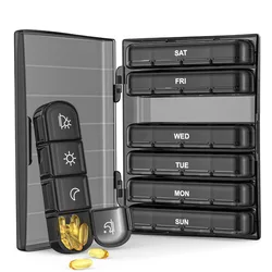 Weekly Pill Organizer, 4 - Dose Daily Pill Box, Portable 7 - Day Travel Pill Case, Light - Proof (Black)