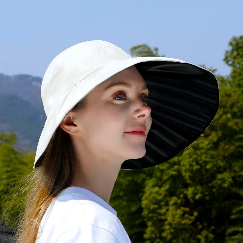 Cappello da sole estivo con parte superiore cava in gomma nera per donna Cappello da sole estivo a tesa larga Cappello da pescatore pieghevole, alla moda, casual e versatile_voghion.com