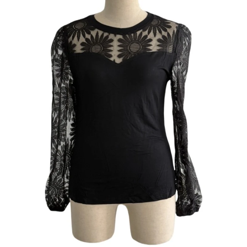 Spring Summer Fashion Women's Lace Splicing Long-sleeved Hollow Crew Neck Shirt Elegant Slim-fitting Black Embroidered Blouse