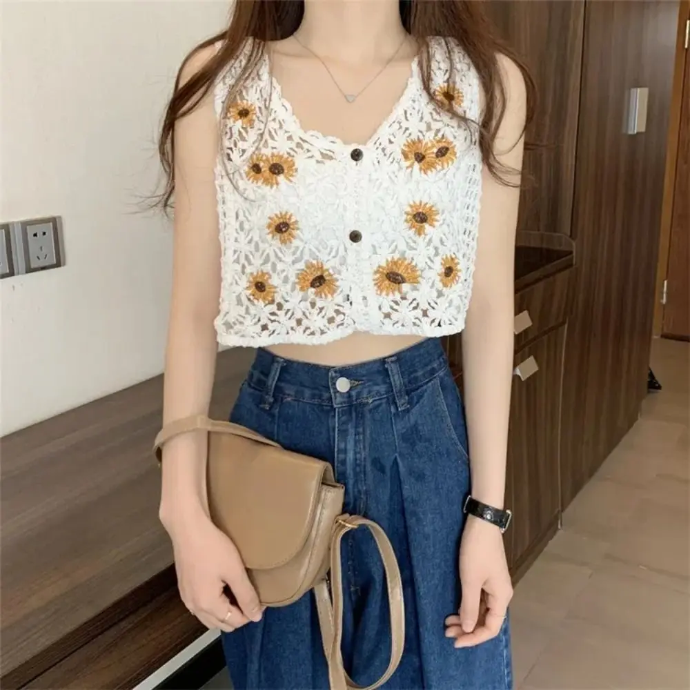 

Women Hollow Sleeveless Suspender New Camisole Cotton Sweet Crochet Vest Beach French Style Front Crop Tops