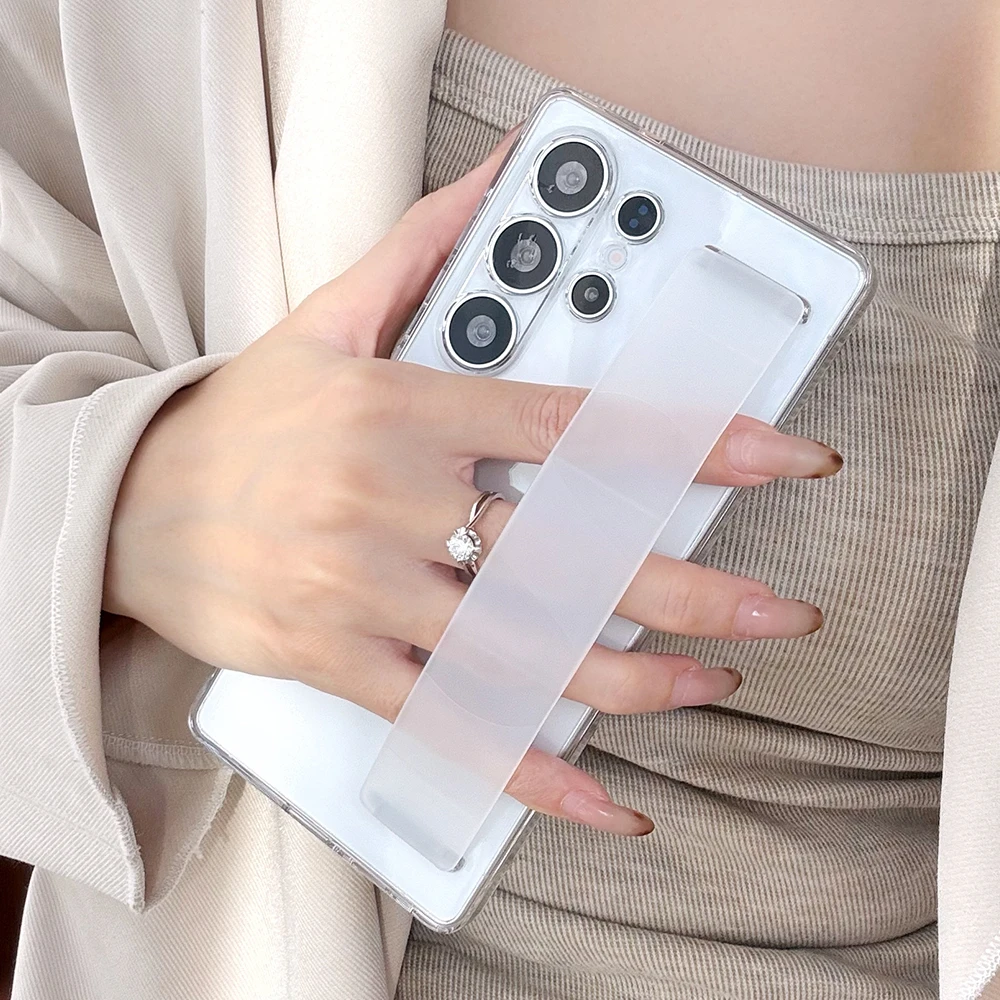 Silicone Elastic Wrist Strap Shockproof Phone Case with Stand Holder - Matte Clear Soft Bumper Cover