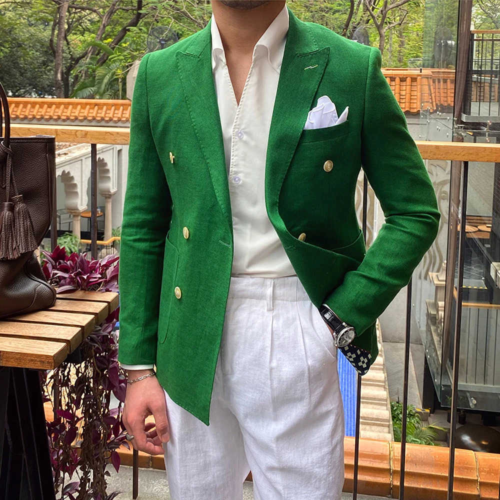 Linen Men Blazer Casual Double Breasted Suit Jacket