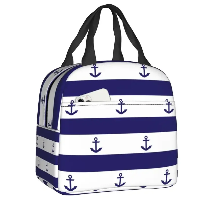 

Custom Navy Blue Stripes And Anchors Lunch Bag Women Warm Cooler Insulated Lunch Box for Student School