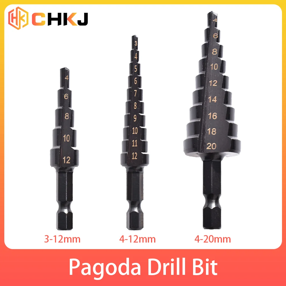 CHKJ 3PCS/Lot 3-12mm 4-12mm 4-20mm Black Hexagonal Shank Straight Groove Pagoda Drill Bit Suitable for Lithium Electric Drill