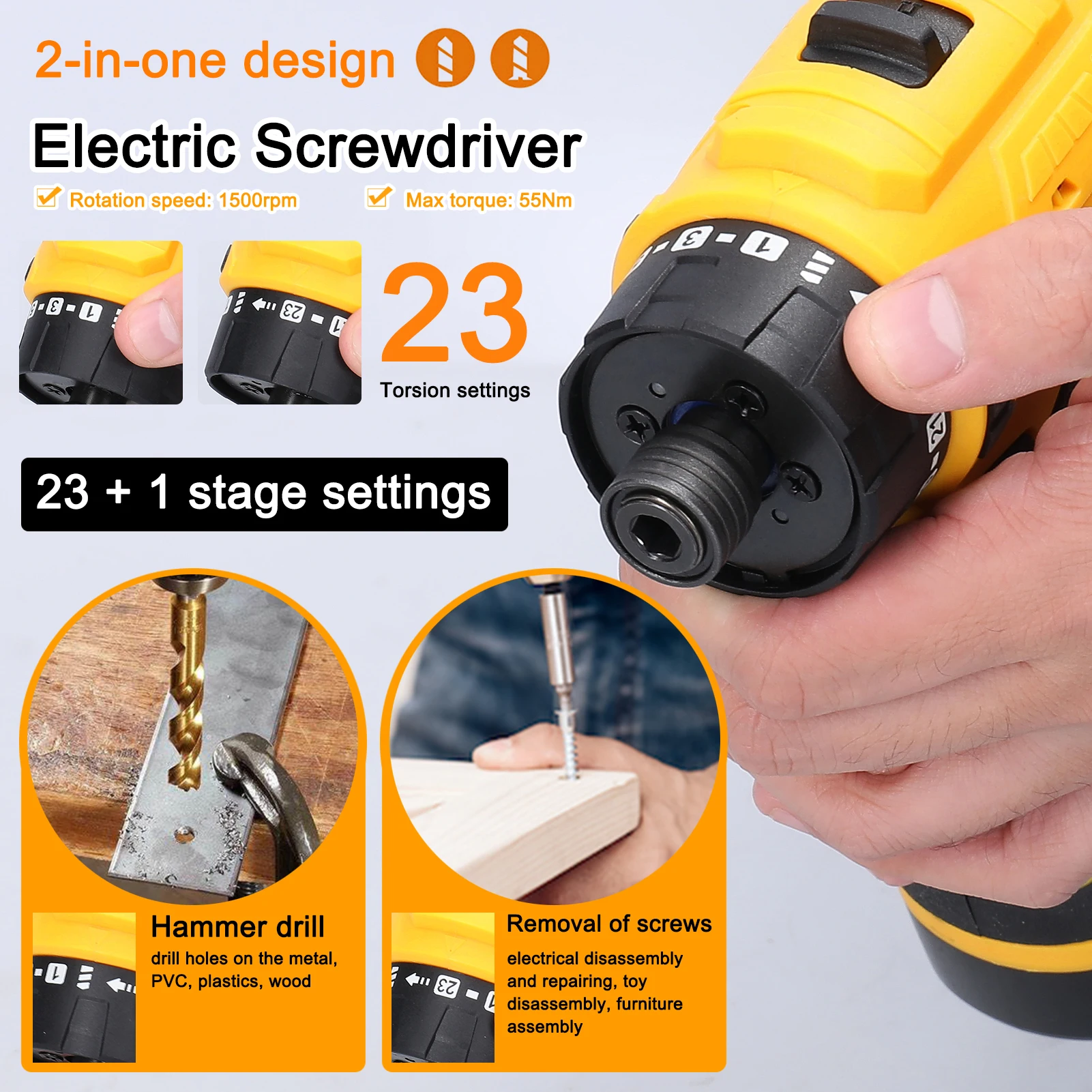 Geevorks Cordless Electric Screwdriver 55nm Brushless Rechargeable Handheld Hammer Drill Screw Guns Power Tool with LED Light 6