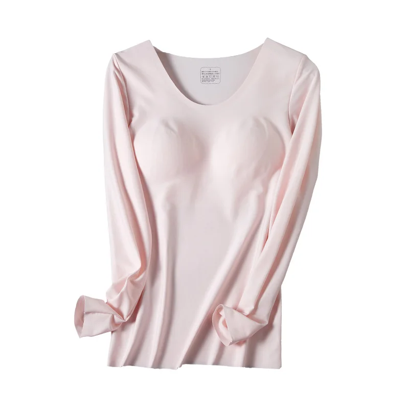 

Winter Mulberry Silk Brushed Warm Underwear Tops Women Long Sleeve Bottomed T-shirt With Bar