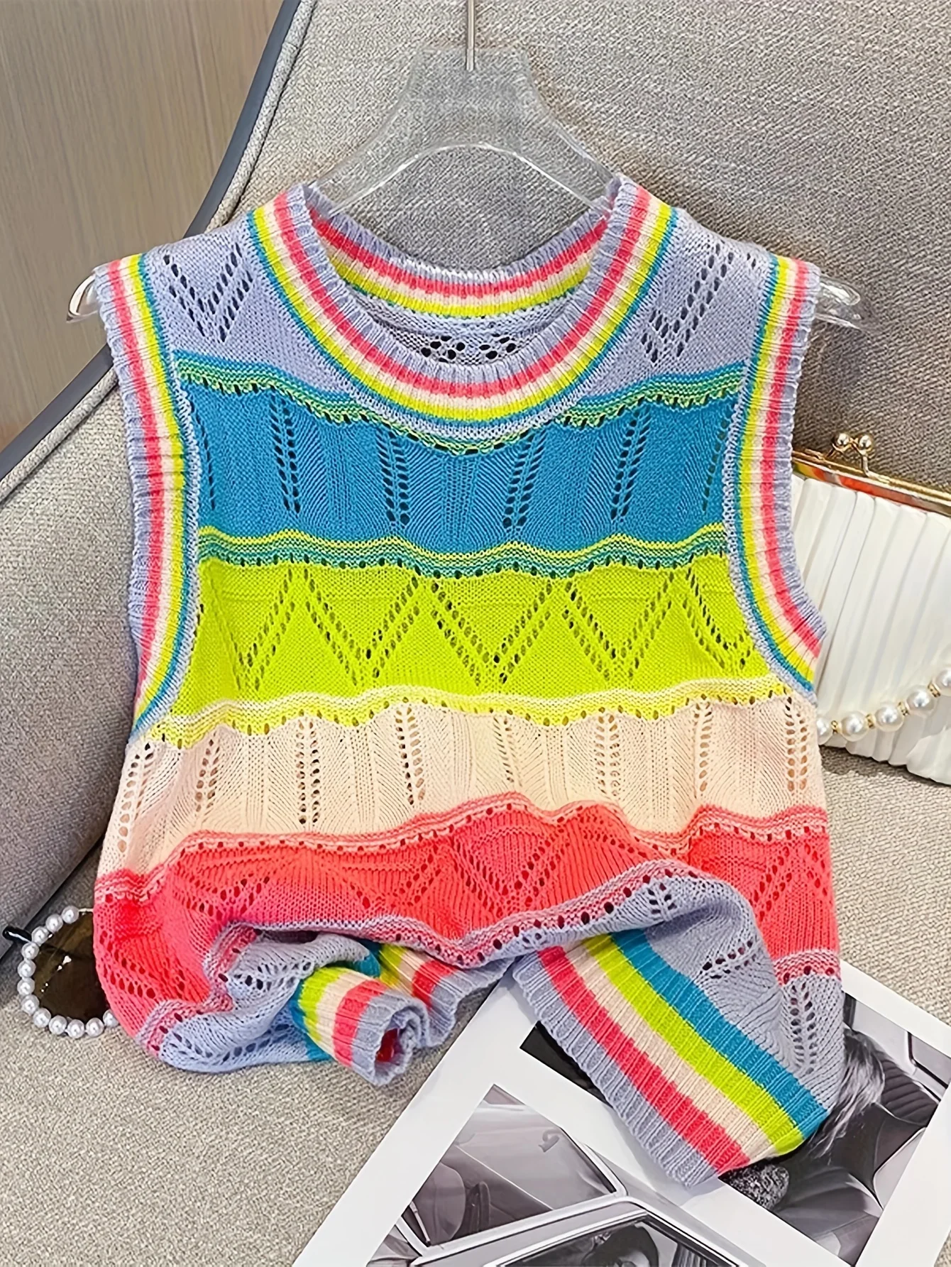 Rainbow Striped Knitted Sleeveless Sweater