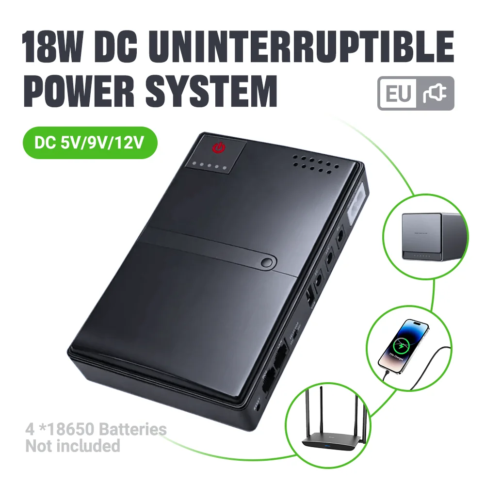 DC1018L UPS Uninterruptible Power Supply 18W 5V 9V 12V Output 18650 Replaceable Battery Backup Router Modem