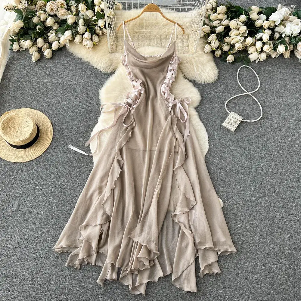 Summer Bandage Beach Chiffon Dress Women Fashion Sleeveless Backless Two-piece Dress Korean Style Evening Corset Slip Dresses