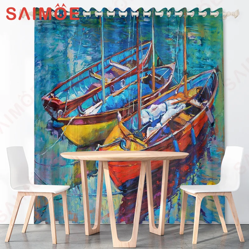 

European and American Sea Boats Sunset Custom Curtains Lake Harbor Sail Natural Pictures Thin Polyester Fabric Office Decoration