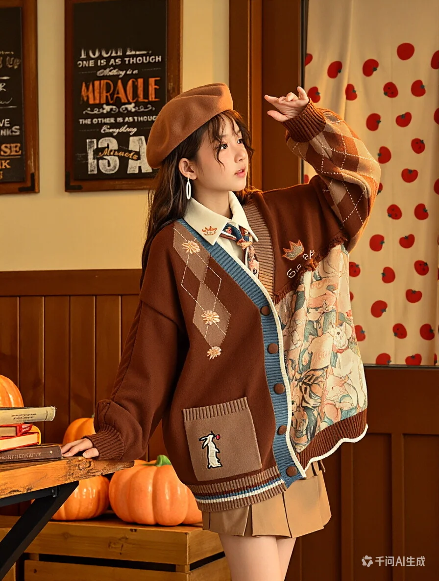 Embroidered Sweater Retro Women's Shirt Vest Short Skirt Shorts College Style Versatile Loose Slimming Cardigan Jacket Set