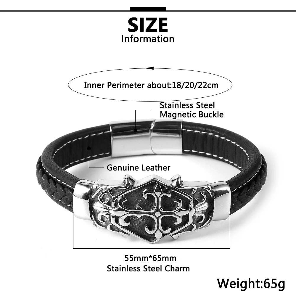 Nabest Vintage Brown Black Genuine Leather Bracelet for Men Cross Bracelets Silver Stainless Steel Charm Magnetic Buckle Bangles