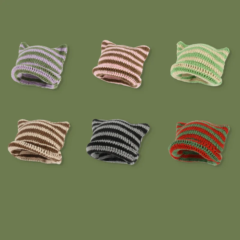 Knitted Beanie Hat Little Devil Striped Cat Ears Pointed Pullover Women's Autumn and Winter