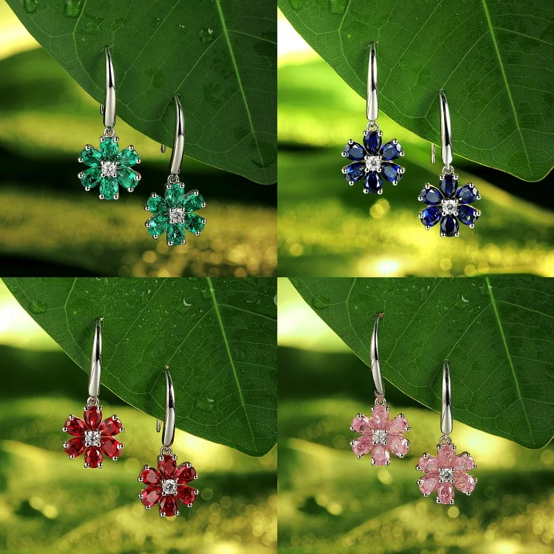 

Ruihe New Daily Pear Flower Fashion 925 Silver Lab Grown Emerald Sapphire Ruby Gemstones Earrings Jewelry for Women Party Gifts