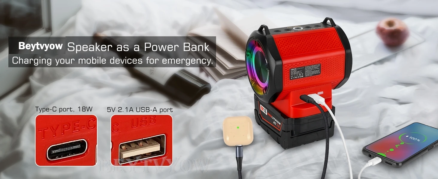 Bluetooth Speaker Compatible with Milwaukee M18 18v Battery With USB Type-C Port