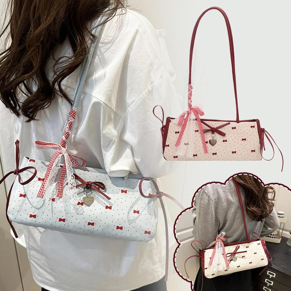 Women's Bag Sweet Style High End Underarm Bag Bow Print Commuter Bag Fashionable Single Shoulder Handbag Trendy Cute Small Bag