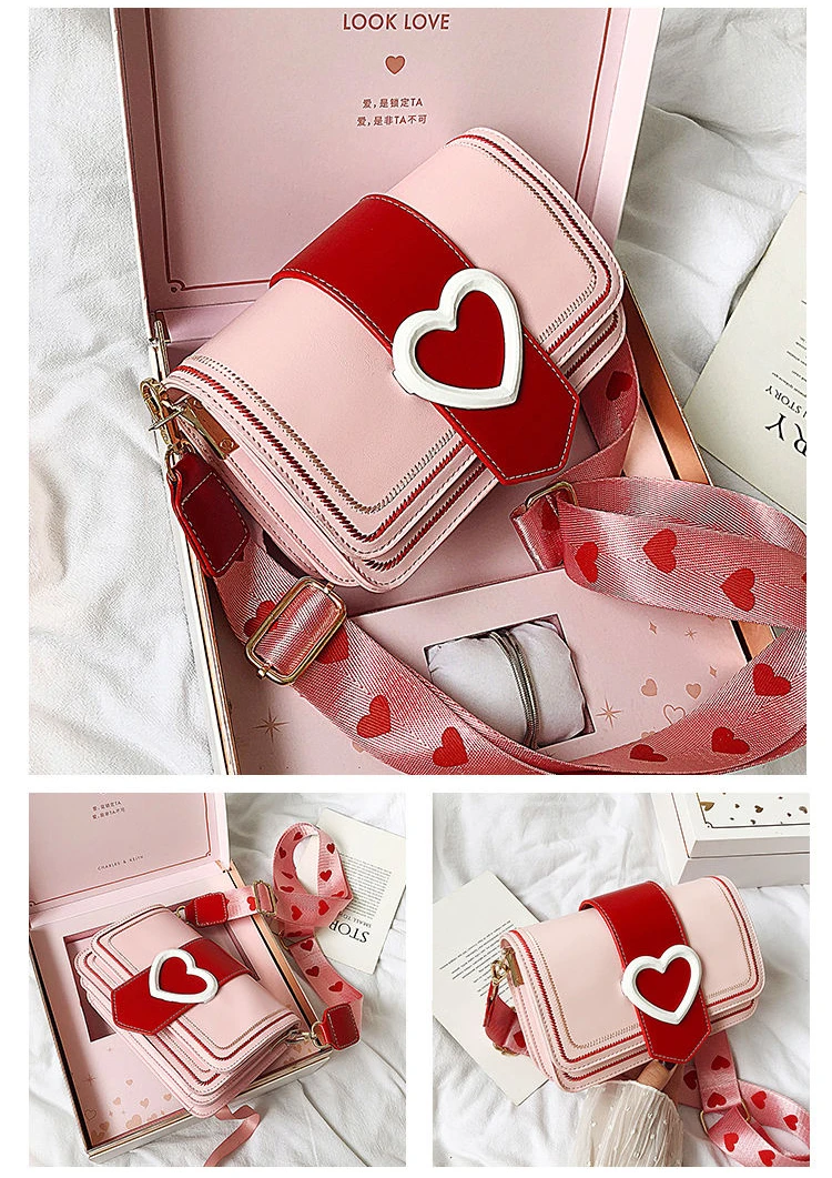 Xiuya Sweet Cute Small Shoulder Bag Female Valentines Day Trendy Korea Heart Messenger Bag Fashion Broadband Square Purse Wallet