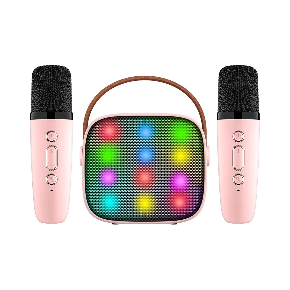 

Мини-караоке-машина с 2 беспроводными микрофонами для детей и взрослых, 18 предварительно загруженных песен, портативный Bluetooth, розовый