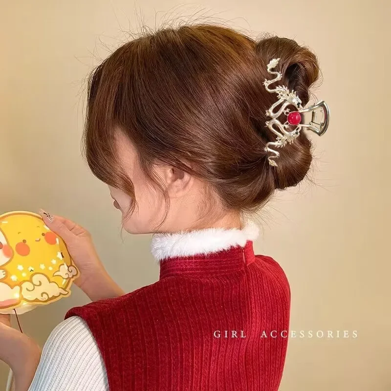 2024 New Chinese Dragon Year Hair Clips Hair Accessories for Women Girl Red Bead Metal Rhinestone Hair Pin Fashion Jewelry Tiara 4